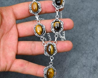 Tigers Eye Cabochon Necklace: Handcrafted Oxidized Sterling Silver