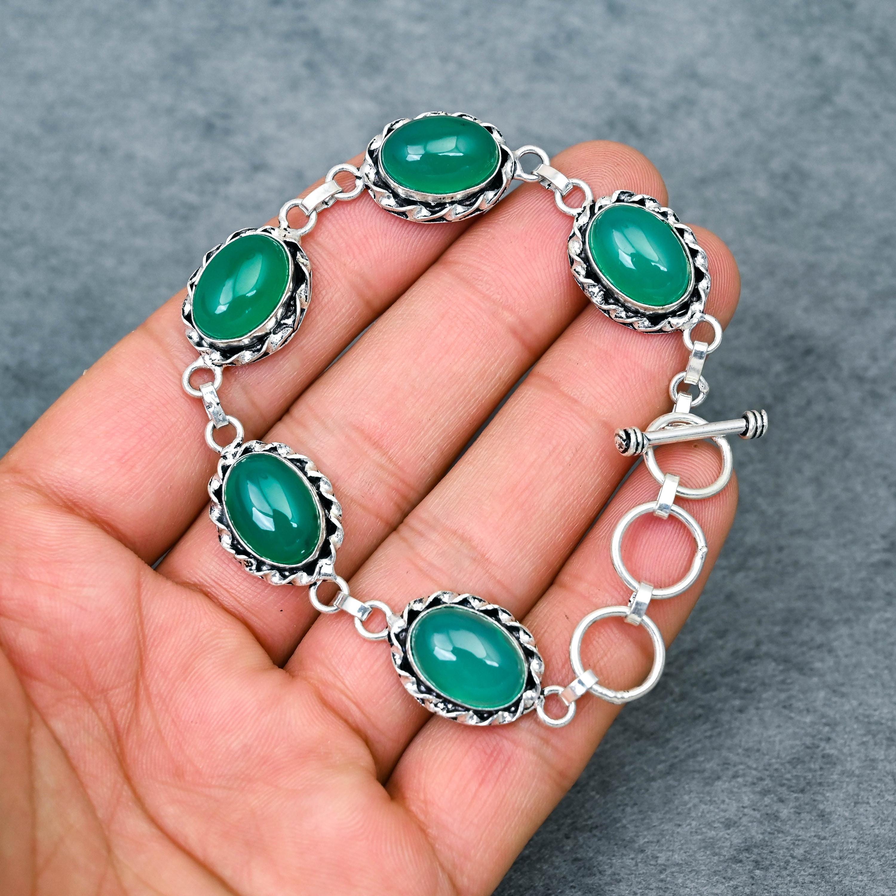 スワロフスキー✳️廃盤 boali antique green シルバー925 Green Onyx Sterling Silver Bracelet: Handcrafted Oxidized 925