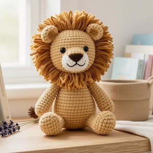 Può includere: Un leone di peluche all'uncinetto con corpo color marrone chiaro, naso marrone scuro e una folta criniera in filato marrone dorato testurizzato. Il leone ha occhi a perla neri e una bocca ricamata, seduto con braccia e gambe protese in avanti.