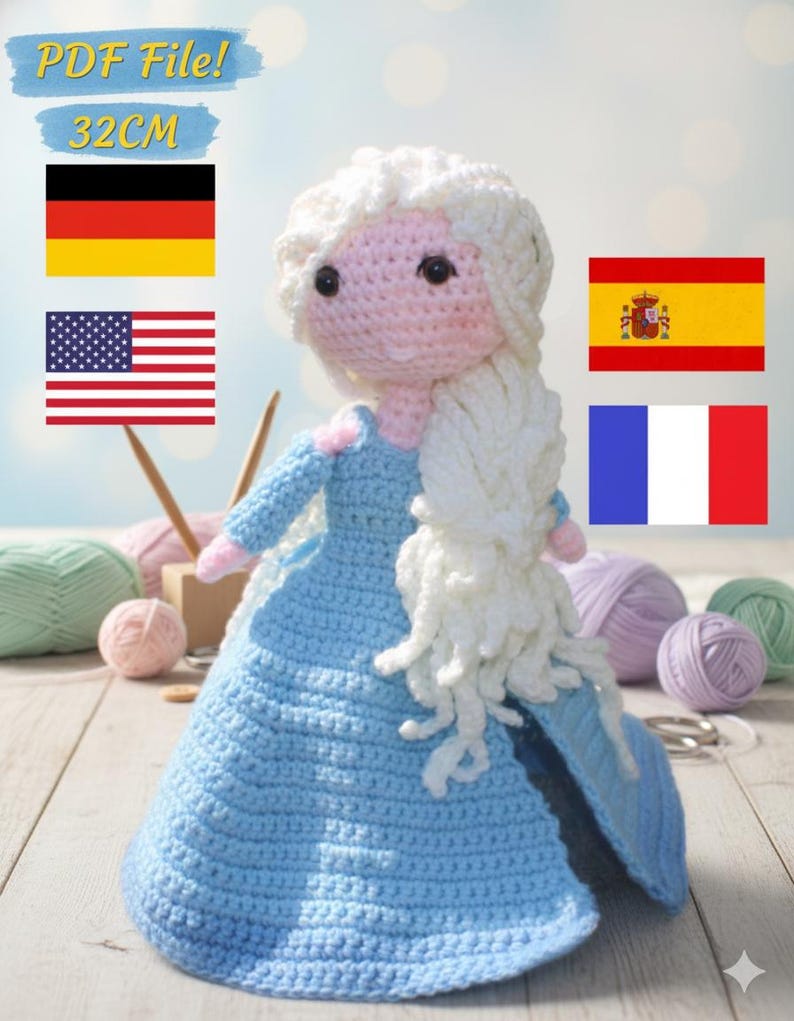 Elsa Amigurumi-haakpatroon: sneeuwkoningin-pop (pdf-download) Geschikt voor beginners afbeelding 1