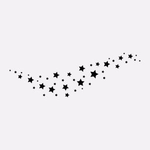May include: A scattering of black stars in a curved line on a white background.