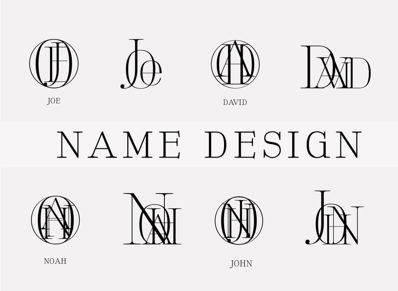 May include: A graphic design illustration showing different ways to create a monogram using the first letters of a name. The names shown are Joe, David, Noah, and John.