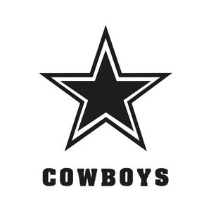 May include: Black and white graphic of a star with a white outline, and the word "COWBOYS" in a bold, blocky font below. The star is a five-pointed star, with a solid black center.
