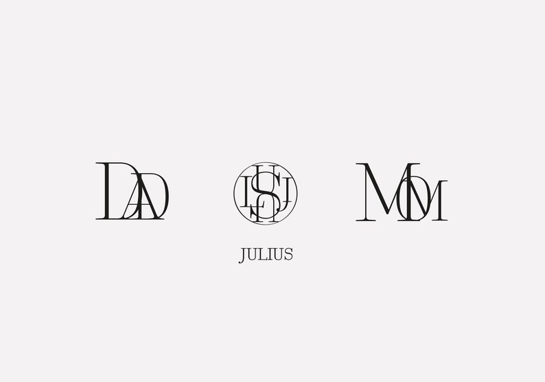 May include: Black and white graphic design with the text "DAD" and "MOM" and a circle with the text "JULIUS" and a stylized letter "S" inside.