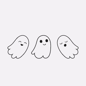 May include: Three cartoon ghosts with different facial expressions. The ghost on the left is smiling, the ghost in the middle is looking happy, and the ghost on the right is looking sleepy.