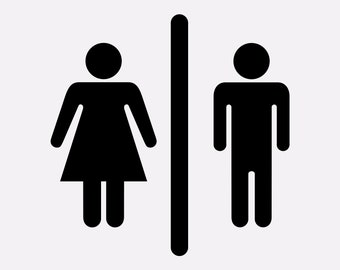 May include: Black and white silhouette of a male and female figure, separated by a vertical line. This is a common symbol used to indicate restrooms.