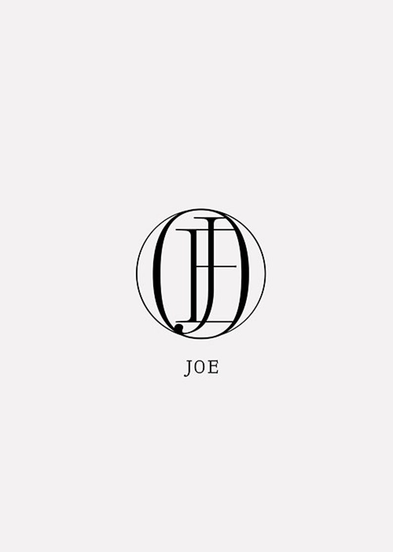 May include: Black and white logo design with the letters "J" and "E" inside a circle. The text "JOE" is below the circle.