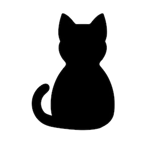 Puede incluir: Silueta negra de un gato sentado con la cola enroscada. El gato tiene orejas puntiagudas y un cuerpo redondeado. El fondo es blanco liso.