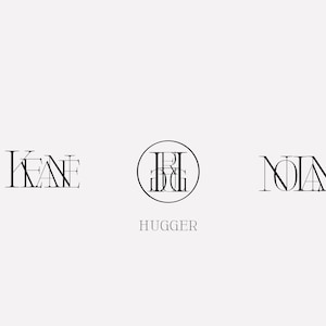 May include: A black and white graphic design with the text "KEANE" on the left, "HUGGER" in the center, and "NOLAN" on the right.