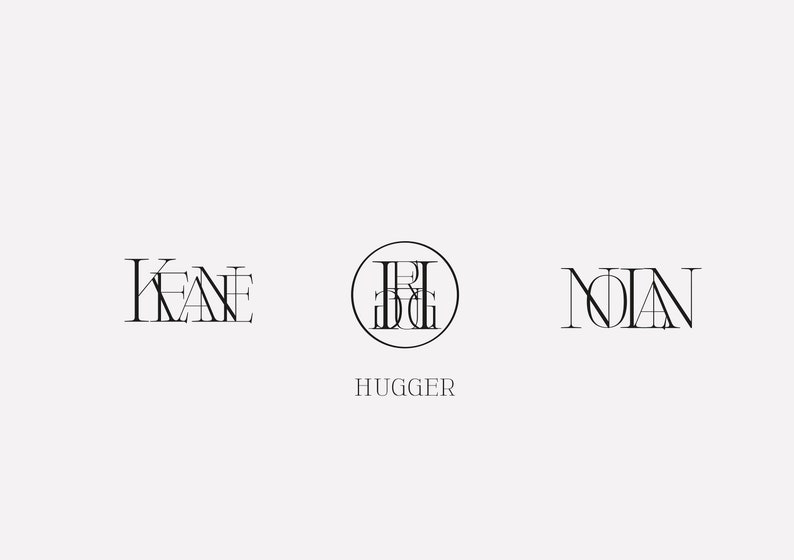 May include: A black and white graphic design with the text "KEANE" on the left, "HUGGER" in the center, and "NOLAN" on the right.