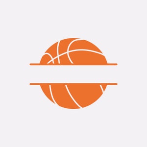 May include: A split monogram design featuring an orange basketball with white stitching. The basketball is split in half horizontally with a blank space in the middle for text.