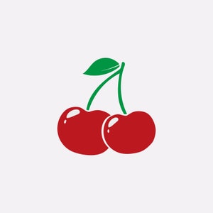 Puede incluir: Dos cerezas rojas con tallos y hojas verdes.