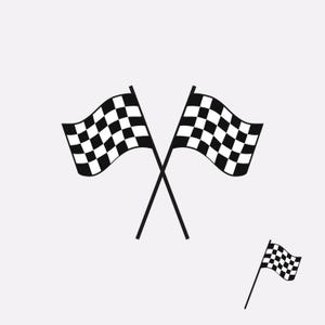 May include: Two black and white chequered flags crossed over each other. A smaller chequered flag is in the bottom right corner of the image.