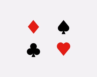 May include: Four playing card suit symbols: a red diamond, a black spade, a black club, and a red heart.