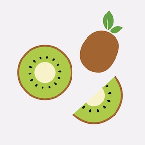 Puede incluir: Tres rodajas de kiwi, un kiwi entero y una rodaja de kiwi con piel marrón. Las rodajas de kiwi son verdes con semillas negras y un centro blanco.