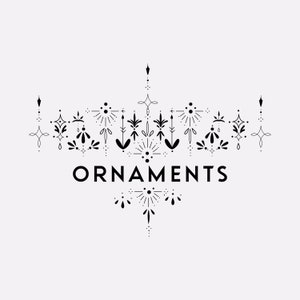 Peut inclure: Motif noir et blanc en ligne d'art de formes géométriques et de motifs avec le mot "ORNEMENTS" au centre.