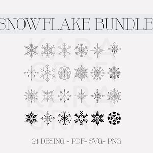 Könnte beinhalten: Ein Satz von 24 schwarzen und weißen Schneeflocken-Designs. Die Schneeflocken sind geometrisch und filigran. Der Text "24 DESING - PDF - SVG - PNG" befindet sich am unteren Rand des Bildes.