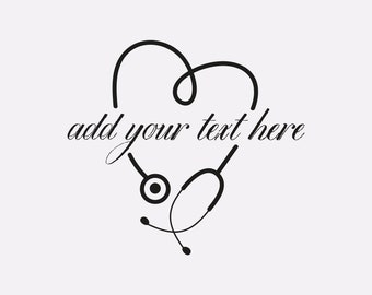 May include: Black and white illustration of a stethoscope shaped like a heart with the text "add your text here" inside the heart.