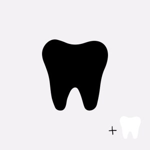 May include: Black silhouette of a tooth. A white tooth is shown next to it with a plus sign.