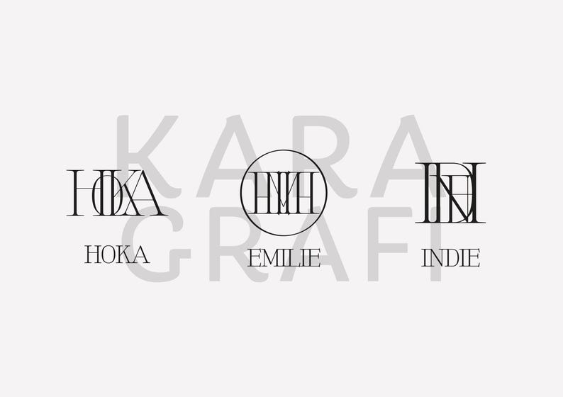May include: Three black and white logo designs with the text "HOKA", "EMILIE", and "INDIE" underneath each logo.