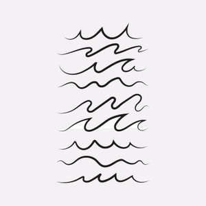 Puede incluir: Un conjunto de ilustraciones de olas en blanco y negro. Las olas están dibujadas en un estilo simple y dibujado a mano. Las olas están dispuestas en una columna vertical, con la ola más grande en la parte superior y la ola más pequeña en la parte inferior.
