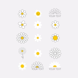 May include: A set of 12 daisy flower illustrations in black and white with yellow centers. Some daisies have a smiley face in the center. Some daisies are in a half-circle shape with the text "YOUR TEXT" below.