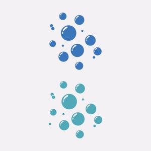 May include: Two groups of blue and teal bubbles of different sizes. The bubbles are arranged in a random pattern.