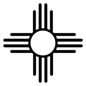 May include: A black and white graphic of the Zia sun symbol. The design features a central circle with four groups of four rays extending outward, representing the four cardinal directions and the four seasons.