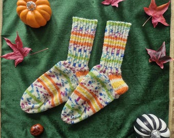 May include: A pair of colorful knitted socks with a pattern of stripes and small shapes in various colors. The socks are on a green surface with fall-themed decorations, including a pumpkin and leaves.