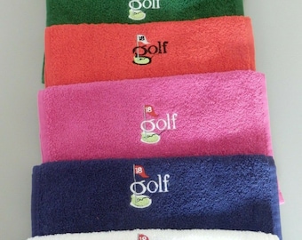 Personalised GOLF Sports towel, with hook to clip onto your bag. Available in a variety of colours and designs