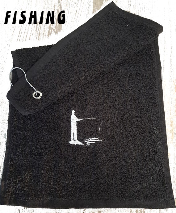 Personalised FISHING Sports Towel, With Hook to Clip Onto Your Bag.  Available in a Variety of Colours and Designs 