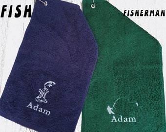 Personalised FISHING Sports towel, with hook to clip onto your bag. Available in a variety of colours and designs