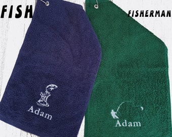 Personalized Fishing Towel with Clip, Embroidered Angler Gift