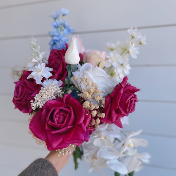 Hot pink wedding bouquet/ real touch rose/ dried and preserved/ bridal bouquet/ modern wedding/ bright/ whimiscal bouquet