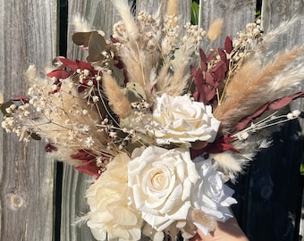 Boho bouquet / rustic wedding/ dried flowers/ bridal bouquet/ wedding flowers/ cream rose/ dried bouquet/ / burgundy leaves