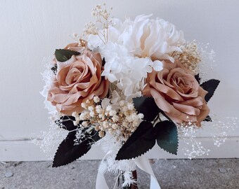 Coffee / earthy / wedding/ elopement/ keep sake/ dried and preserved / silk roses/ bridesmaid gift/bridal