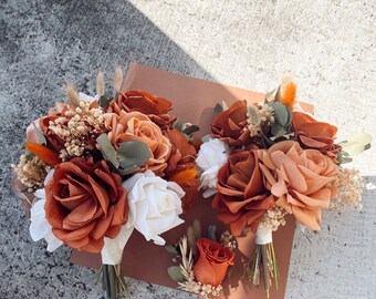 Burnt orange wedding bouquet/ real touch rose/ dried and preserved/ bridal bouquet/ modern wedding/ warm and earthy/ burnt orange bouquet