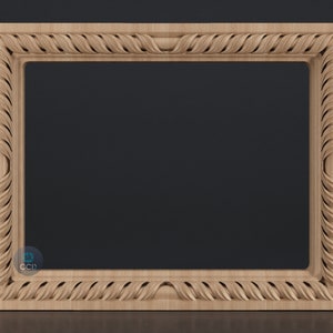 May include: A wooden picture frame with a detailed, intricate design. The frame is a light brown colour and has a rectangular shape.
