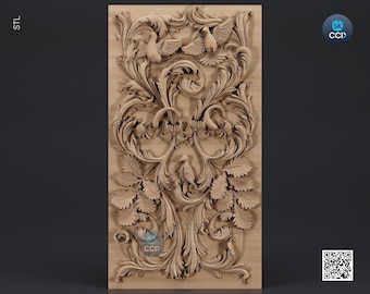 Puede incluir: Talla de madera intrincada que presenta un diseño floral con pájaros y hojas. La talla es de color marrón claro y tiene un estilo detallado y ornamentado.