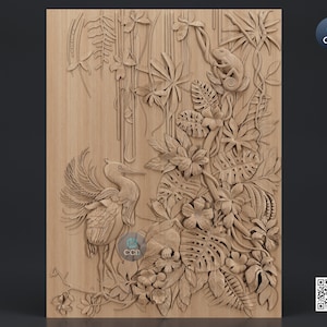 May include: A detailed wood carving of a heron with its wings spread, standing in a lush jungle scene. The carving features intricate details of leaves, flowers, and vines, creating a sense of depth and texture. A small lizard is perched on a branch in the top right corner of the carving.