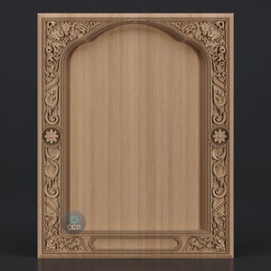 May include: A wooden frame with intricate carvings and an arched opening. The frame is a light brown colour and has a smooth, polished finish.