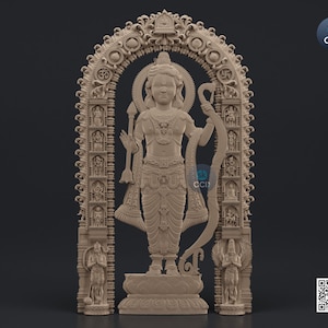 May include: A detailed 3D printed sculpture of a Hindu deity standing in a decorative archway. The sculpture is made of a light brown material and features intricate carvings.
