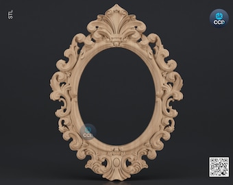 May include: A detailed, ornate wooden frame with a carved oval opening. The frame is made of light brown wood and has a complex, intricate design.