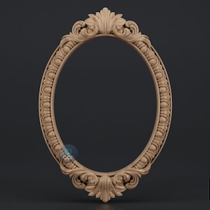 May include: A detailed, oval-shaped wooden frame with ornate carvings. The frame features floral and scrollwork designs along the top, bottom, and sides. The frame is a light brown color and is set against a dark gray background.