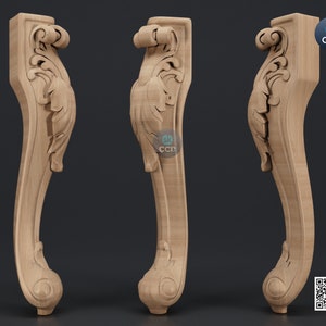 May include: Three wooden furniture legs with intricate carvings in a light brown colour. The legs are shown from different angles, showcasing the detailed design.