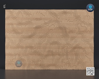 May include: A light brown wooden panel with a topographic map design carved into its surface. The panel features intricate, swirling lines that create a textured effect. The design is a 3D model, with the letters "STL" visible in the upper left corner.