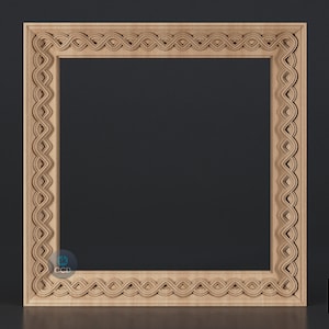 May include: A wooden picture frame with a decorative, intricate, woven design. The frame is light brown and has a square shape.