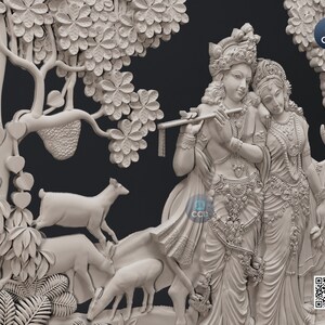 Puede incluir: Una escultura en relieve 3D que representa una escena de la mitolog&iacute;a hind&uacute;. La escultura presenta a Krishna y Radha, de pie juntos, con Krishna tocando una flauta. La escultura tambi&eacute;n incluye una vaca y varios ciervos. La escultura est&aacute; hecha de un material blanco y tiene un dise&ntilde;o detallado e intrincado.