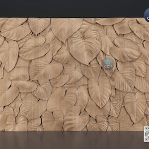 Pode incluir: Um painel de parede de madeira com um design esculpido de folhas sobrepostas. As folhas são de cor castanho claro e têm uma superfície texturizada.