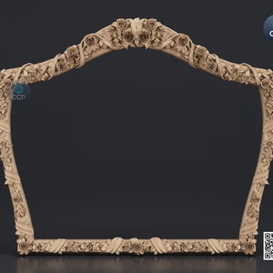 May include: A wooden, pentagon-shaped frame with detailed floral carvings. The frame features roses, leaves, and ribbons, forming an ornate border. The design is suitable for craft projects. Measurements are in centimeters.
